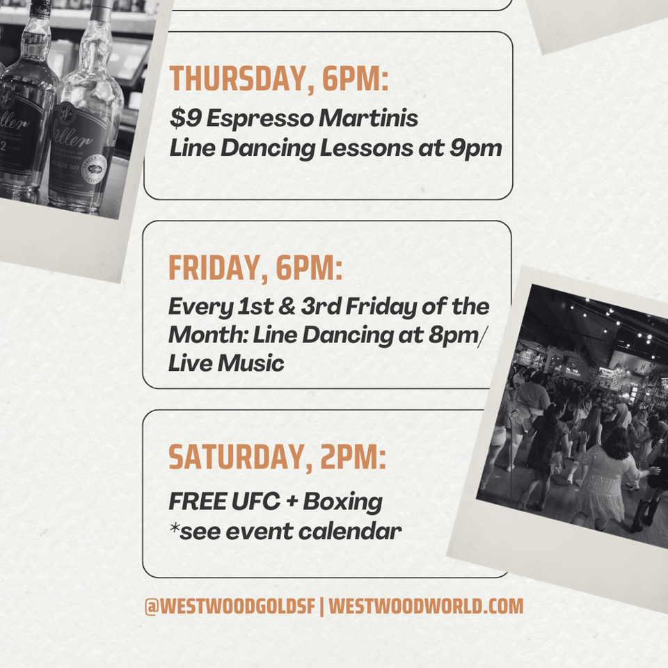 Event schedule graphic featuring whiskey bottles, dancing crowds, espresso martinis, line dancing, live music, and free UFC and boxing.