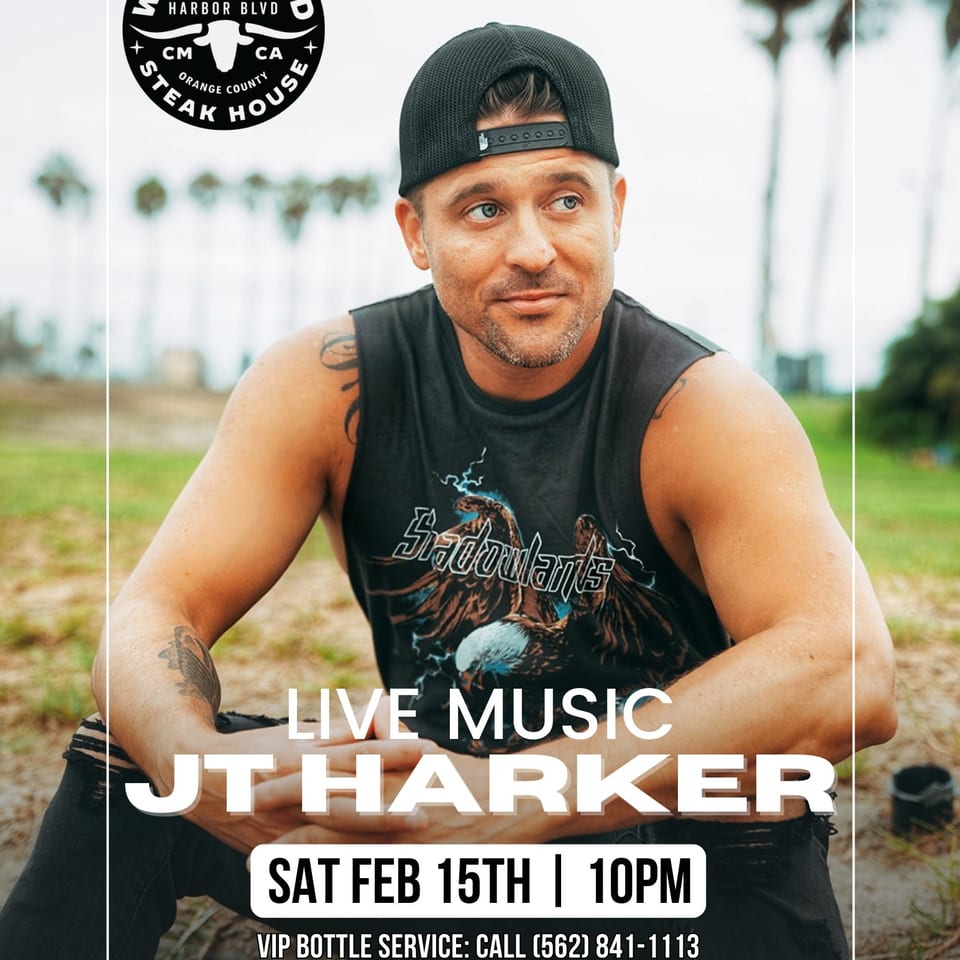 Westwood Steak House live music poster featuring musician JT Harker outdoors, with event details for February 15 at 10 p.m.