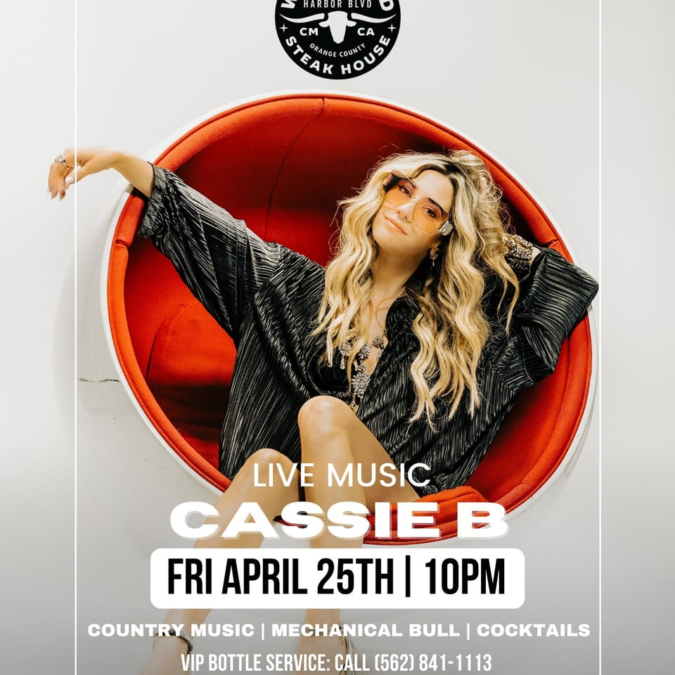 Promotional poster featuring singer Cassie B reclining in a red chair for live music at Westwood Steak House.