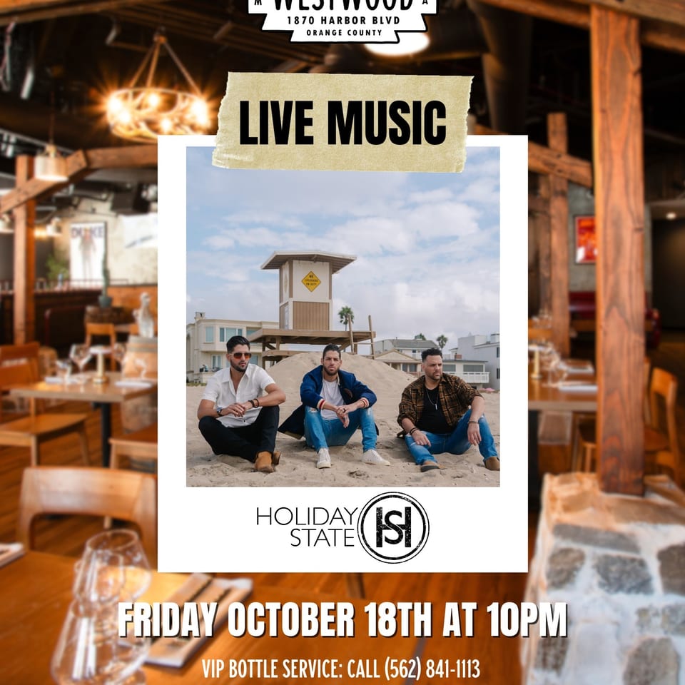 Westwood Country Steak House live music poster featuring three musicians on a beach, scheduled for Friday, October 18th at 10 PM.