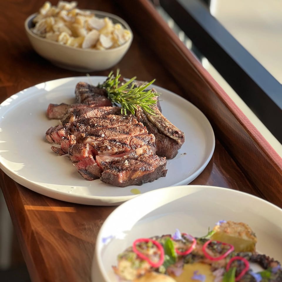 Sliced grilled steak garnished with rosemary on a white plate, with bowls of side dishes on a sunlit wooden table.